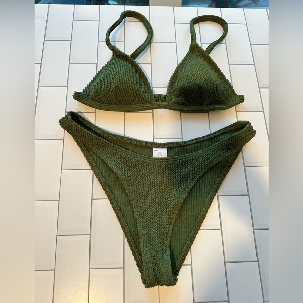 Good American always fits green crinkle bikini